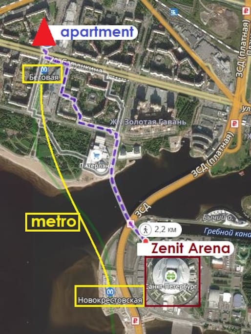 2.2 km walk to Zenit Arena.
1 minute walk to subway station, which gets you to the center of the city in app. 15 minutes and 5 minutes to the games.