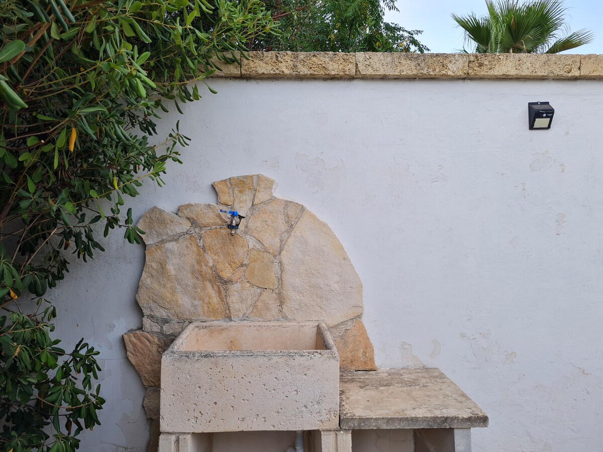 An outdoor stone sink is positioned against a white wall, surrounded by lush greenery. A small light fixture is mounted above the sink, providing illumination. The combination of natural elements and rustic design highlights a practical space for outdoor activities.