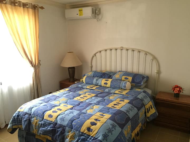 חדר שינה ראשי עם מיטת קווין סייז וחדר רחצה משלו. 