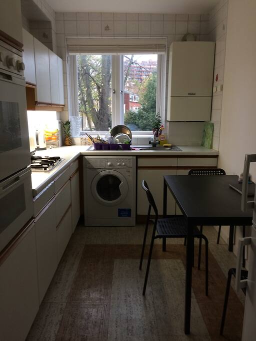Clean Kitchen with washing machine and fridge