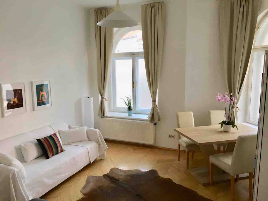 living room with dining space.