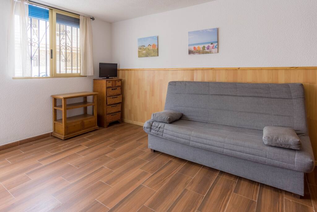 Sofá-cama y TV.