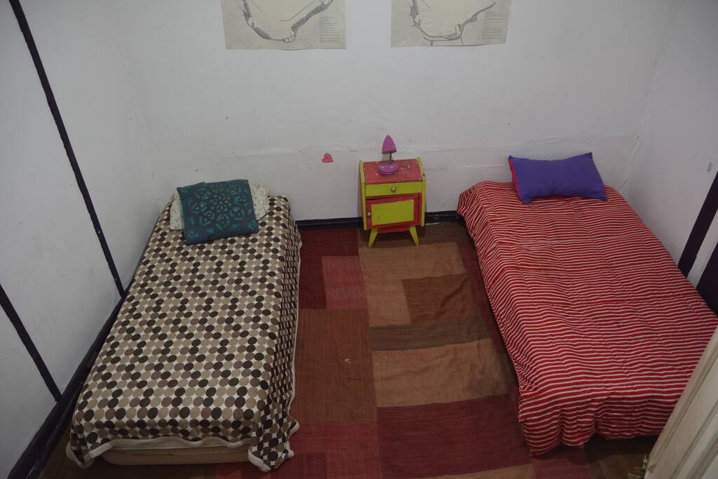 Dos camas al mismo nivel, piso alfombrado, mueble para ropa. Perchas colgadoras