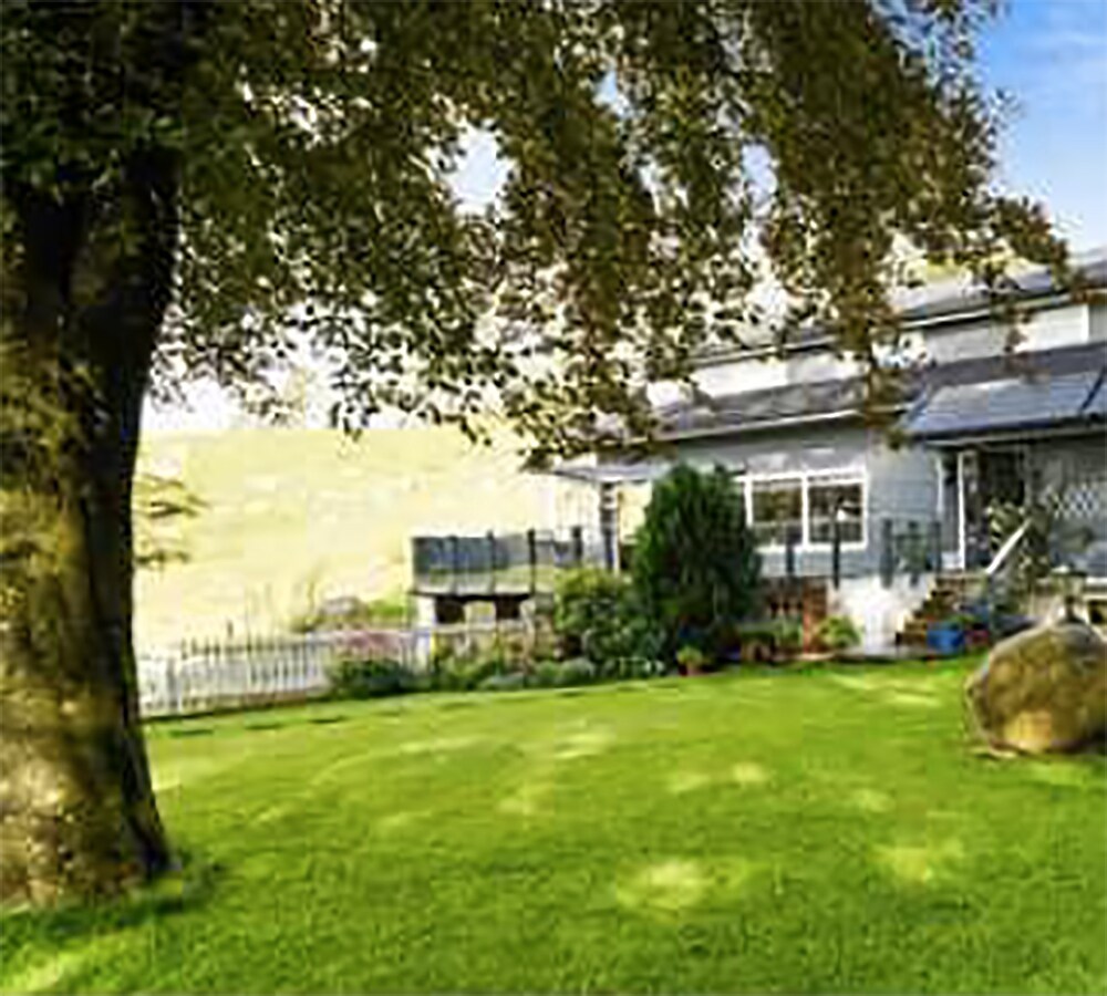 A well-kept lawn extends in front of a residential property, shaded by a large tree. The house features a deck, accessible via steps, surrounded by greenery and ornamental plants. Natural light enhances the inviting outdoor space.