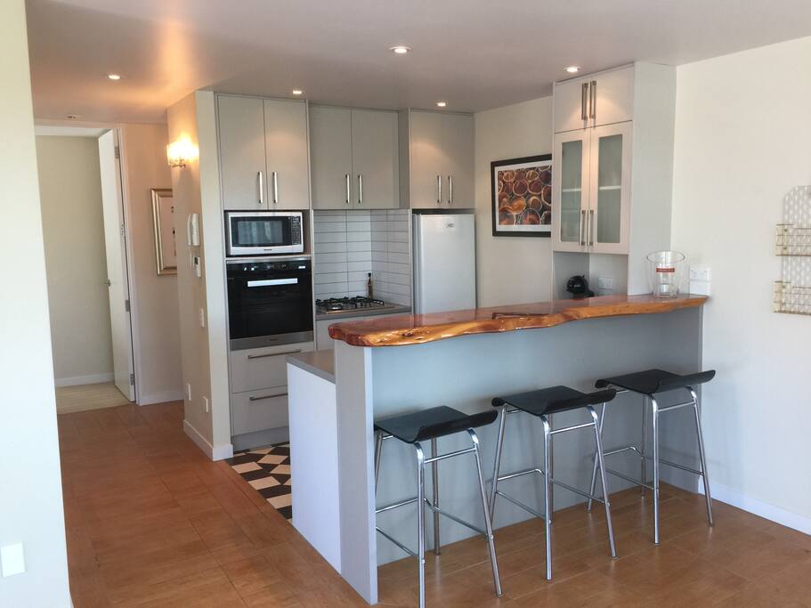 Kitchen with brand new Miele oven, Gas Hob, Dishwasher, Microwave, Fridge/Freezer and small capsule coffee machine