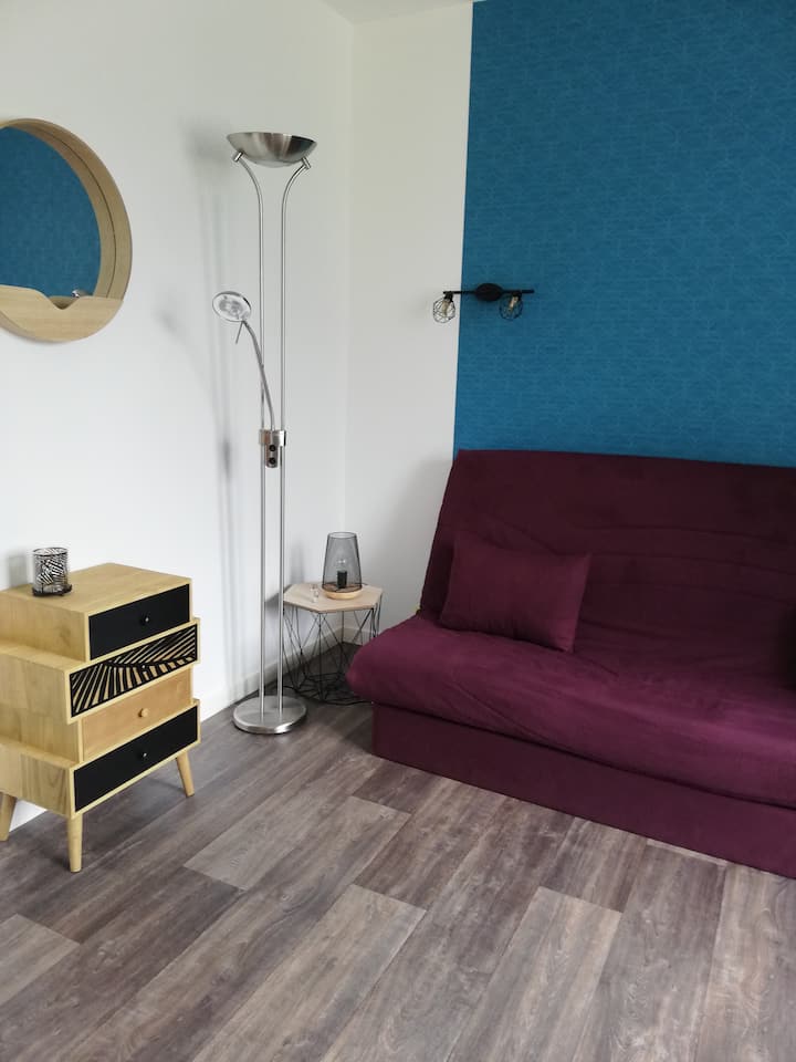 Chumba cha ghorofa ya chini kilicho na kitanda cha sofa 