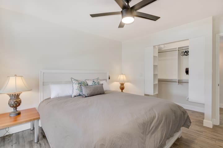 Master bedroom with King Size bed, dresser, and large walk-in closet.