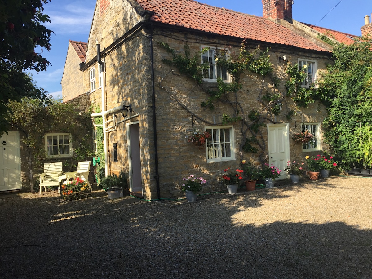 A charming stone cottage with a textured exterior is framed by climbing plants and colorful flower pots. The gravel area showcases outdoor seating and an inviting entrance, illuminated by natural light, creating a welcoming outdoor space.