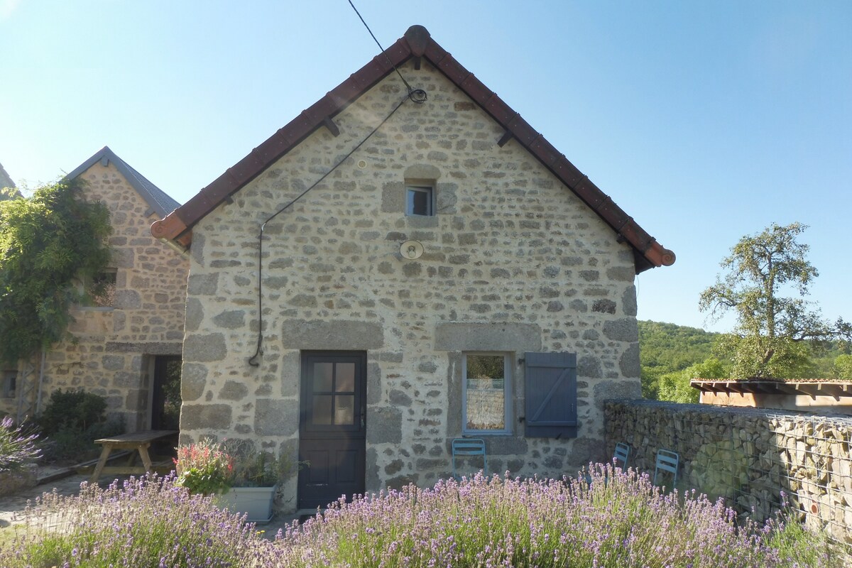 A stone house is seen with a sloped roof and symmetrical windows. Floral bushes in lavender bloom in the foreground, complementing the natural surroundings. A wooden table and chairs are visible outside, indicating another space for relaxation in the tranquil setting.