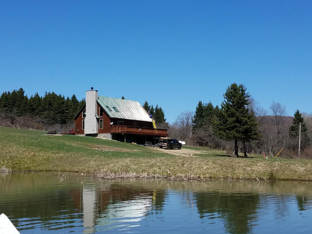 A cabin is positioned on a grassy area, visible from a pond. The structure features a stone chimney and a sloped roof. Tall trees are present in the background under a clear blue sky, and a vehicle is parked nearby, emphasizing the rural setting.