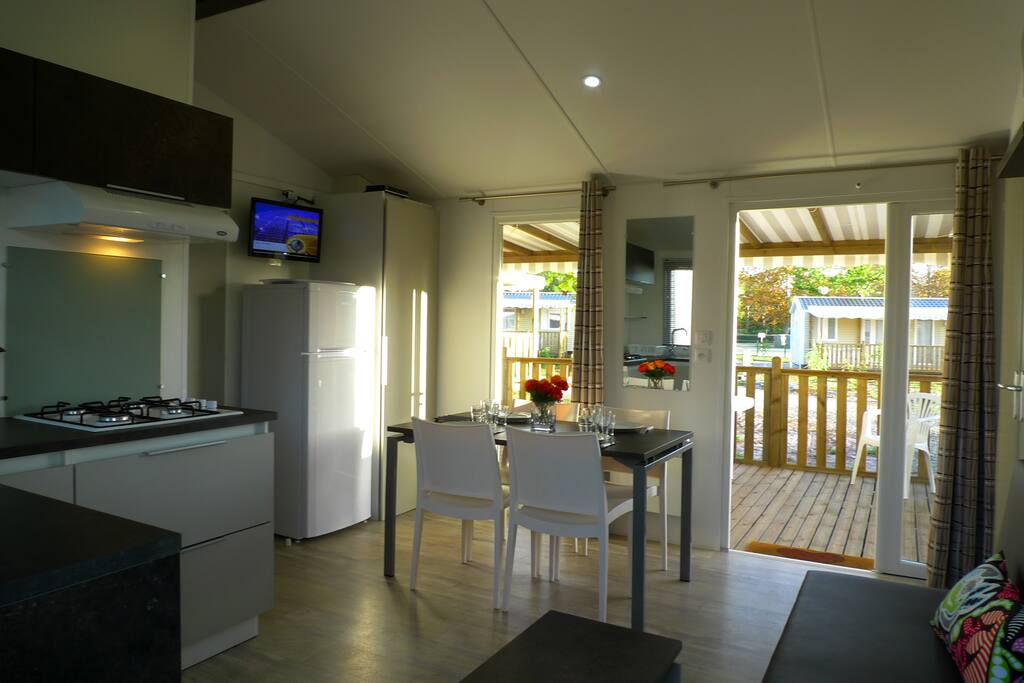 Coin repas et terrasse couverte éclairée. TV lecteur DVD port USB. réfrigérateur congélateur.