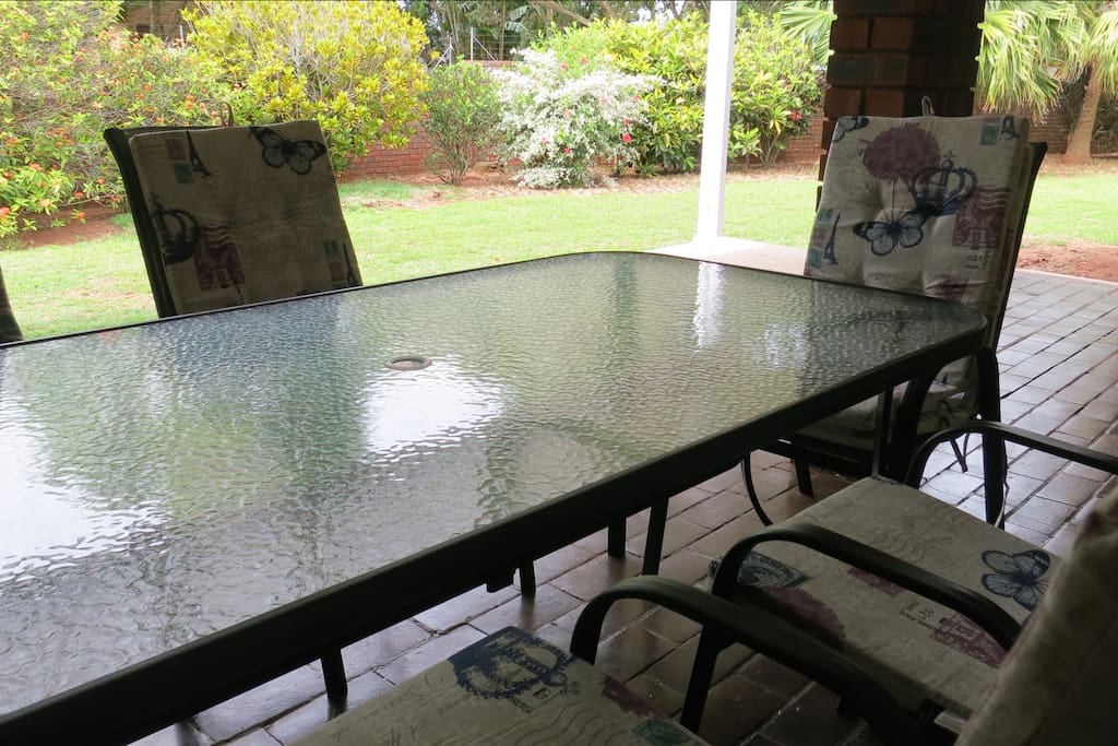 Large front garden with big veranda with 6 seater garden furniture to relax on.