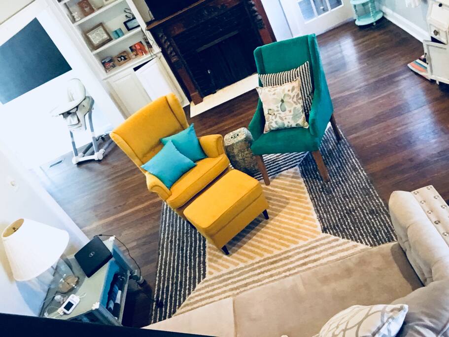 Living area from staircase.
Large couch, comfy to sleep on!
