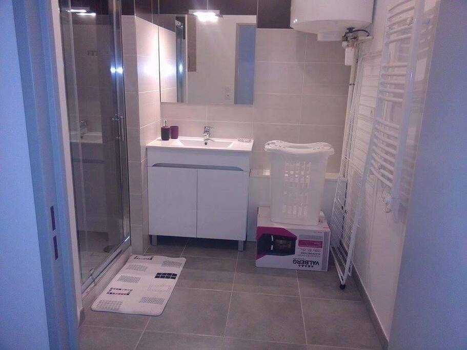grande salle de bain avec machine à laver