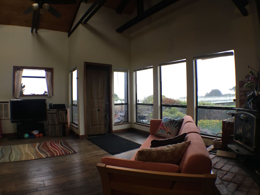 The living room and view of the garden
