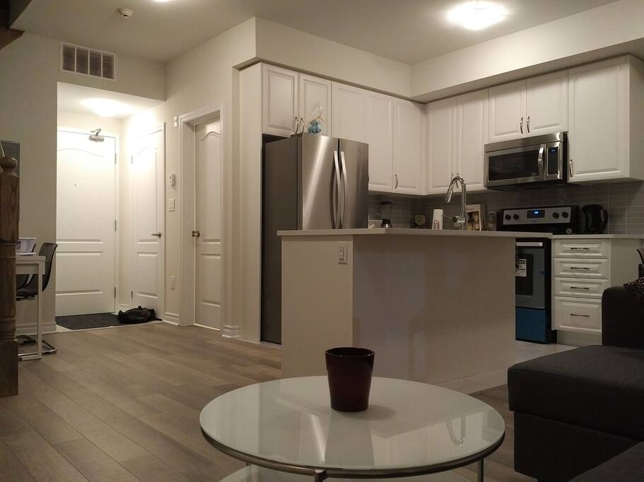 Stainless steel appliances and Miami-style decor