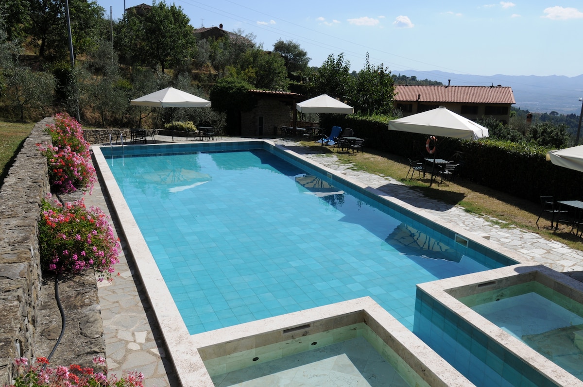 An outdoor swimming pool is surrounded by lush greenery and floral arrangements. Sun loungers are placed nearby under shaded umbrellas, offering relaxation spaces. Two smaller hot tubs are positioned adjacent to the pool, providing additional seating options for guests enjoying the picturesque scenery.