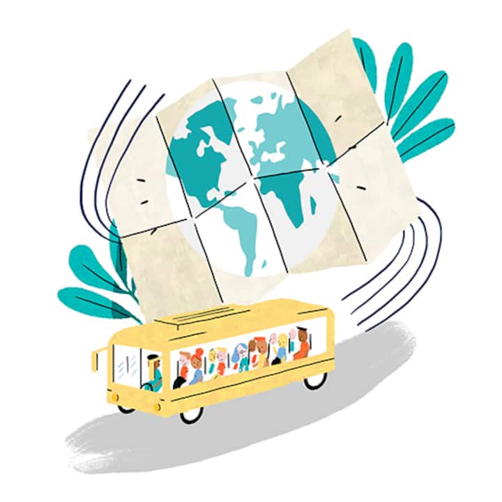 illustration of a bus with a map over it