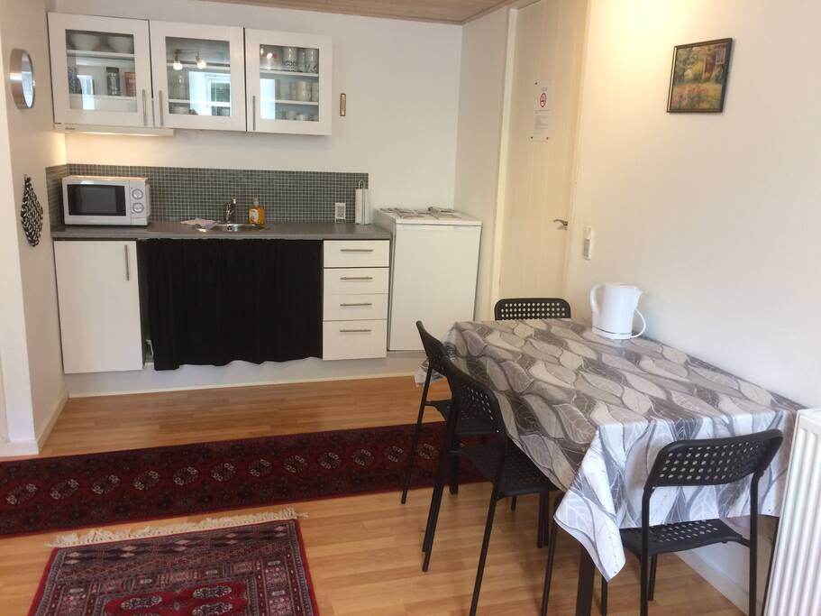 Hedebo, køk med spiseplads, køleskab, mikro ovn og vandkoker