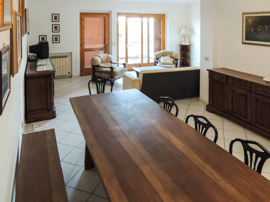 Dining room with long dining table