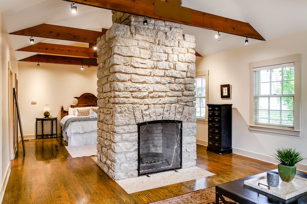 Warm up by the wood burning fire place.