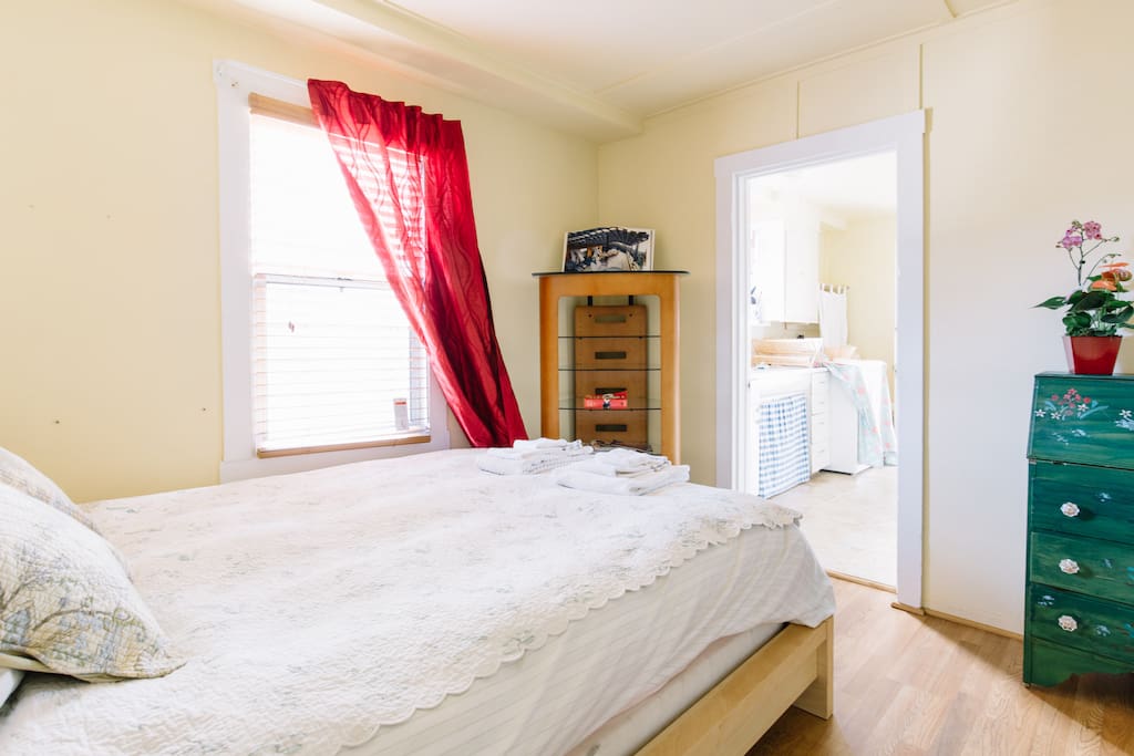 Bedroom window. Kitchen door closes for privacy.