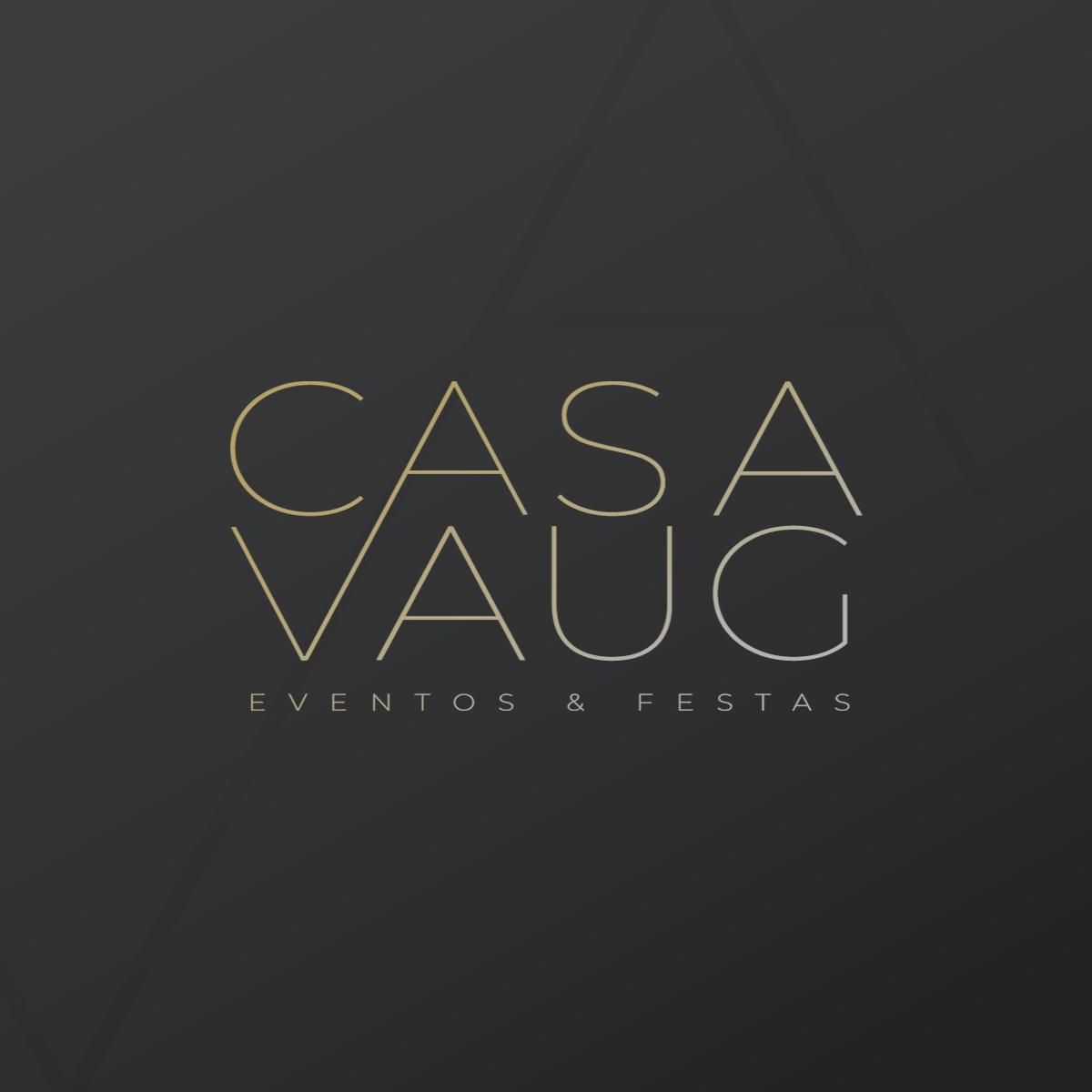 A sleek logo representing Casa Vaug is displayed against a dark background. The name is elegantly crafted in a modern font, emphasizing the venue's focus on events and festivities.