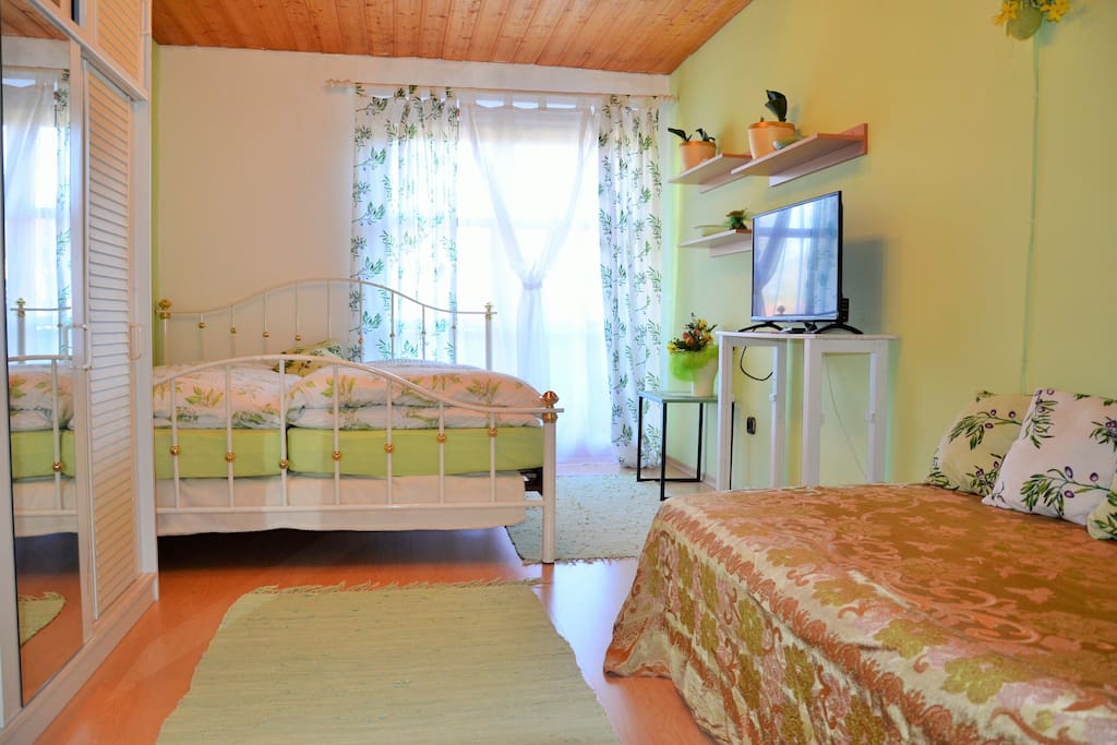 drei Schlafplätze im schönen grünen Zimmer, großer Schrank und Fernseher