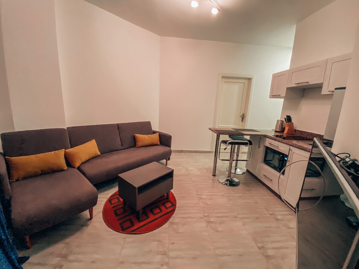 A modern living area is presented, featuring a curved gray sofa adorned with yellow accent cushions. A circular red rug sits beneath a wooden coffee table, while a compact kitchen area includes sleek white cabinetry and essential appliances.