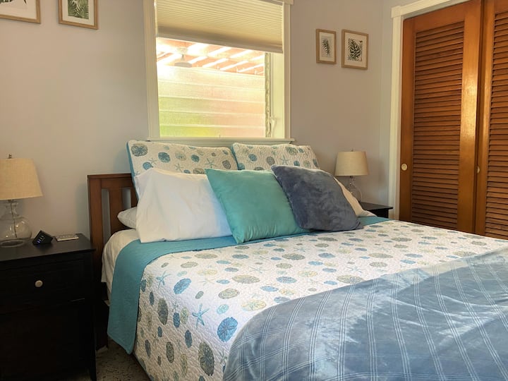 Chumba cha kulala cha pili na kitanda cha ukubwa wa malkia na feni ya dari. Kabati la ukubwa wa kati.