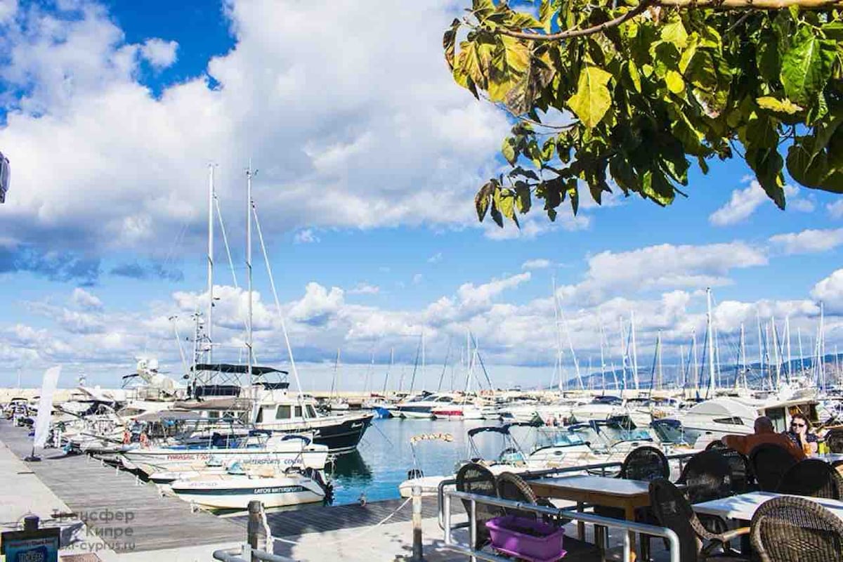 A marina scene features numerous boats docked along a wide pathway. Blue skies with scattered clouds provide a backdrop, while a few outdoor dining tables under leafy trees invite relaxation. The shimmering water reflects the vibrant atmosphere of the waterfront.