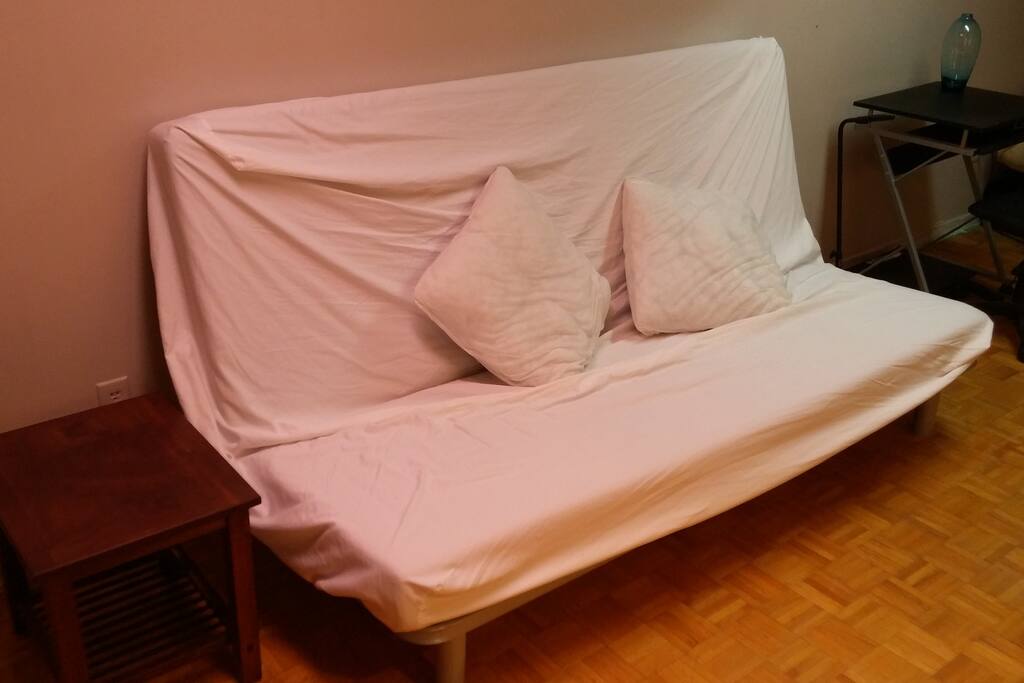 Basement futon, perfect for a short stay!