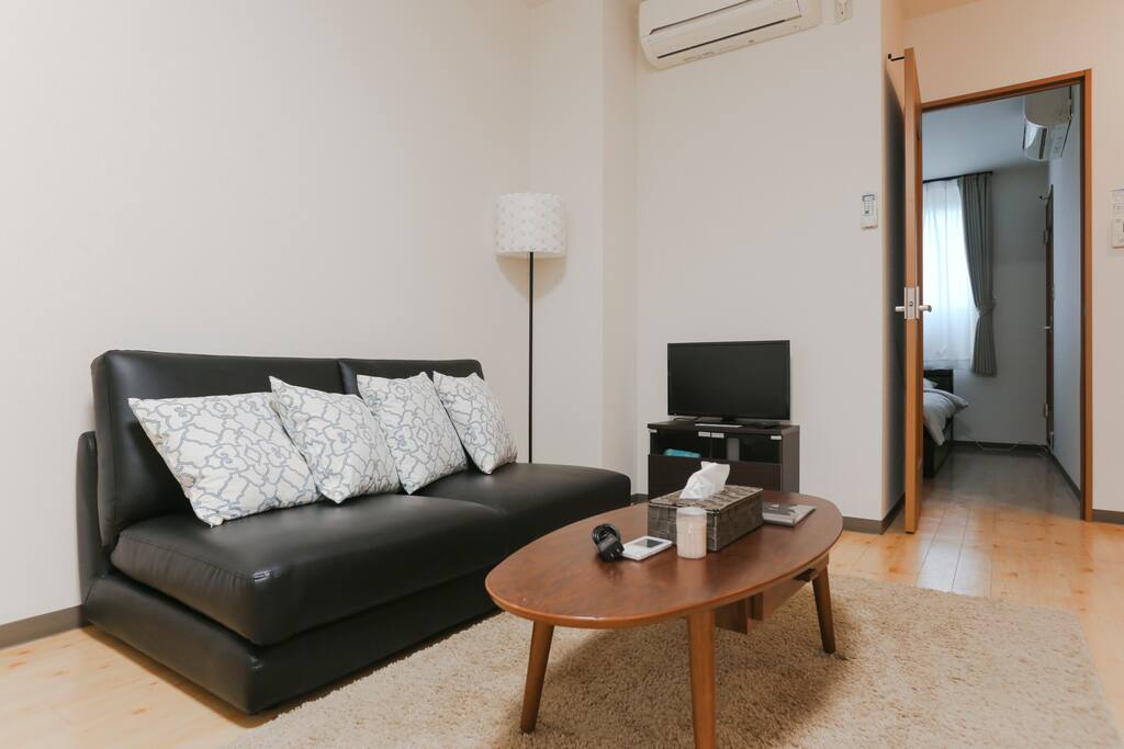 The living room has a sofa bed.
Relax while watching the TV.
