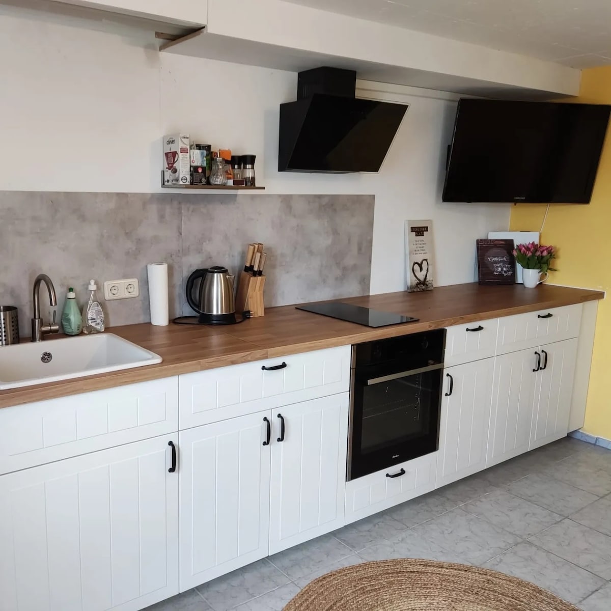 The modern kitchen features a neutral-toned countertop with a double sink and an electric stove. Basic kitchen appliances including a kettle are visible. Storage cabinets line the wall, complemented by a mounted television, creating a functional and welcoming cooking space.