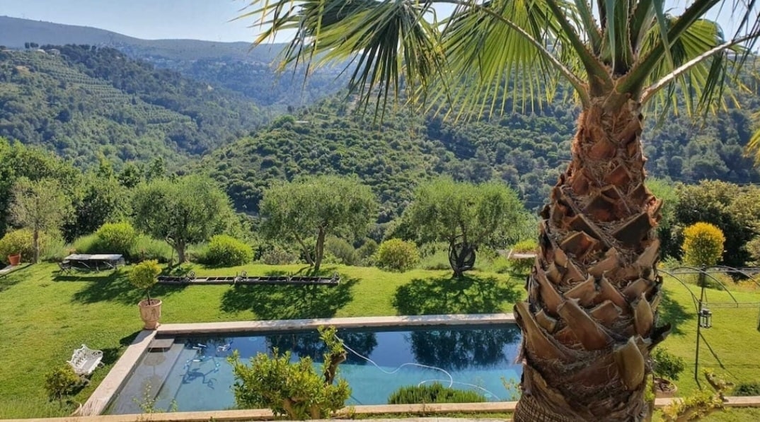 A serene outdoor space features a swimming pool surrounded by green lawns and mature trees. Lush hills provide a scenic backdrop, while a palm tree adds a tropical touch to the atmosphere.