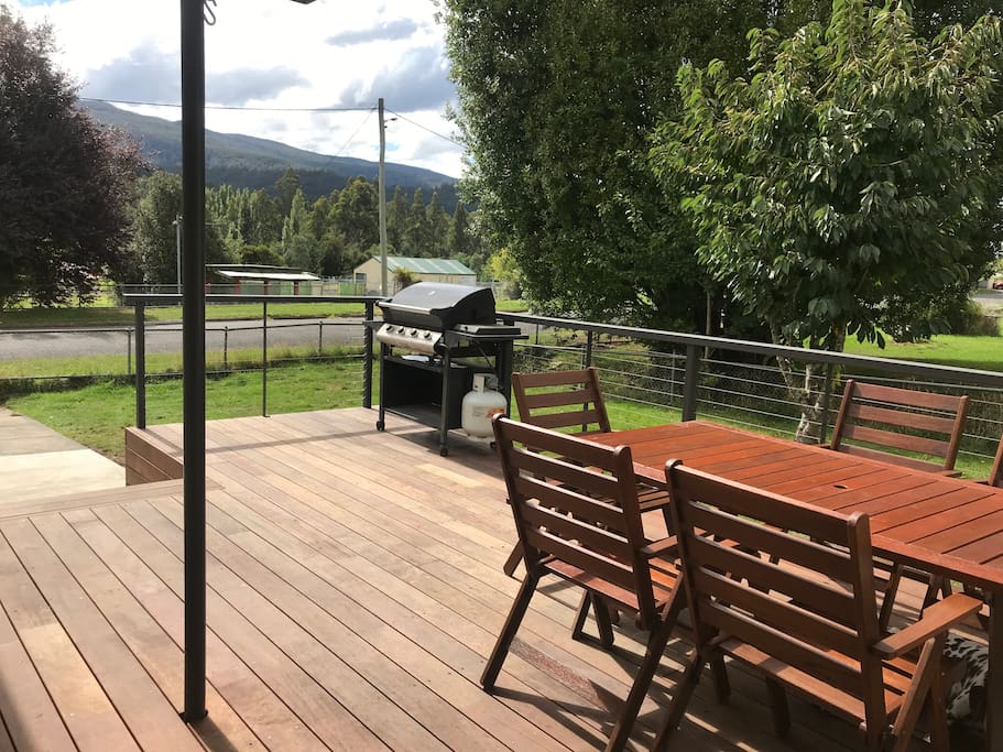 Great space for beers and a BBQ after a big day in the outdoors. Views out towards Mt Field National Park.