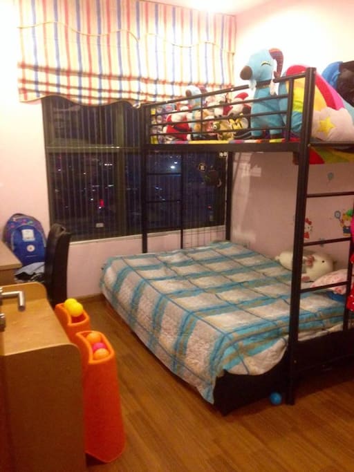 The room is actually my daughter's room. It's not so big with a bunk bed, a study table & chair, 1 small wardrobe; lots of toys inside :P