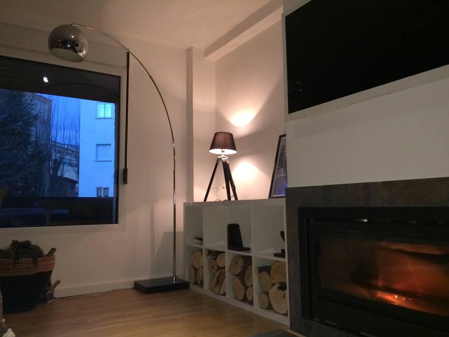 Salón, televisión, chimenea.