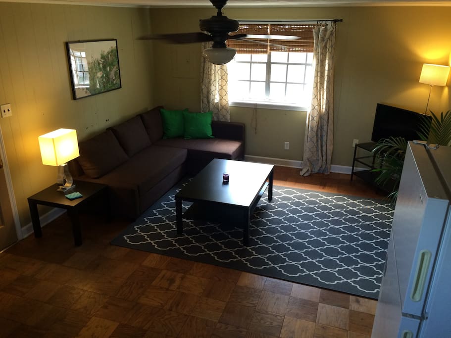 Spacious living room allows you to stretch out in comfort. Couch is a foldout bed.