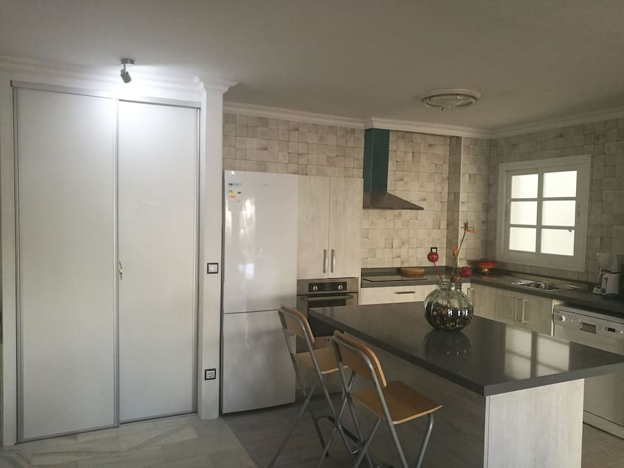 Cocina diáfana abierta al salón con isla, vitro, lavavajillas y todo lo necesario.