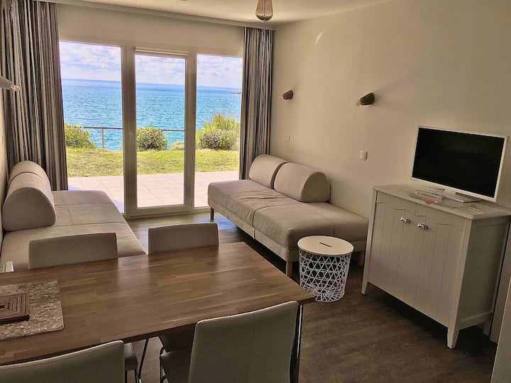 Ბინის მისაღები ოთახი ორი გასაშლელი დივნით ერთმანეთის პირისპირ.