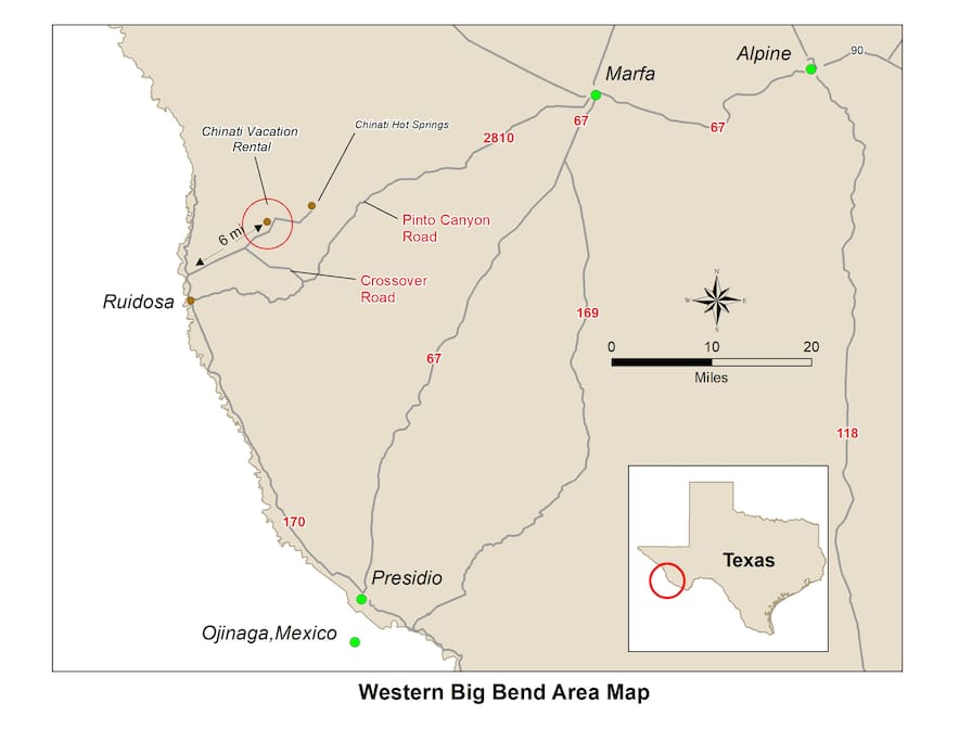 Map displaying our location along Hot Springs Rd. About 6 miles from turnoff of Hwy 170 at Ruidosa.
Do not take 2810 (Pinto Canyon Road) as the lower half is a very rugged dirt road and treacherous at night. Google Maps is inaccurate in showing directions here.