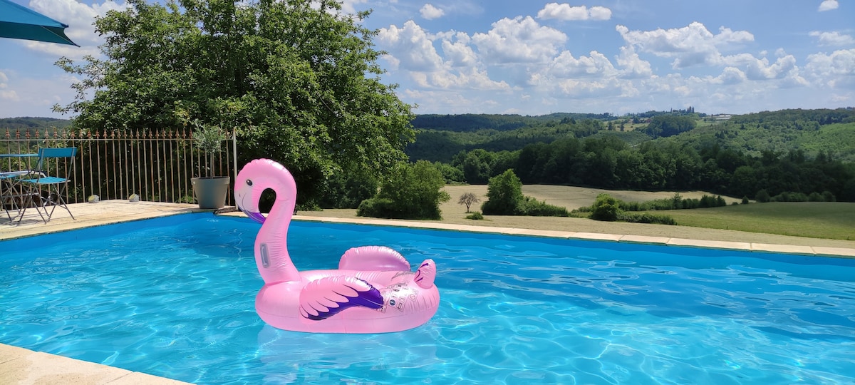A private pool is surrounded by scenic views of fields and greenery. A pink flamingo float is placed in the clear blue water. Comfortable seating is visible on the poolside patio, providing space for relaxation while enjoying the tranquil environment.