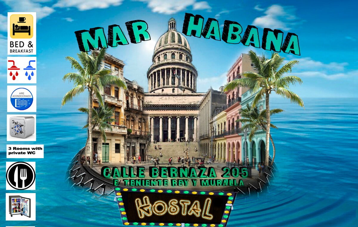 An illustration of a historic building surrounded by palm trees, prominently featuring the iconic dome of a capital building. The word 'Mar Habana' is featured at the top, with additional text indicating the location and amenities. Colorful imagery enhances the visual appeal.