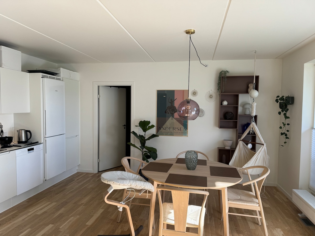 A bright dining area includes a round table surrounded by four wooden chairs. A cozy hammock chair hangs beside a wall-mounted shelf, which features decorative items. The kitchen in the background is equipped with white cabinetry and appliances, enhancing the open layout.