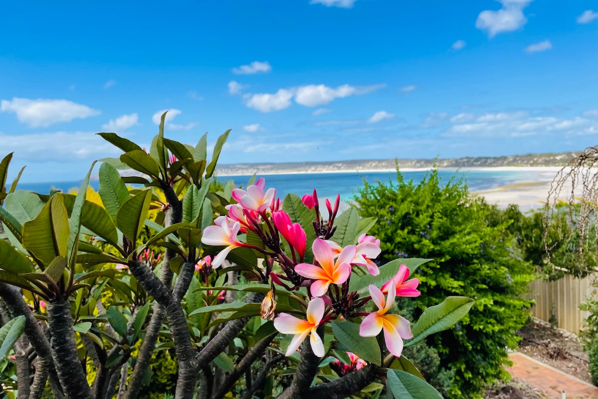 Bright pink and white flowers bloom on lush green foliage, overlooking a sandy beach and clear blue waters under a partly cloudy sky. The coastline stretches in the distance, framed by greenery that enhances the serene outdoor setting.