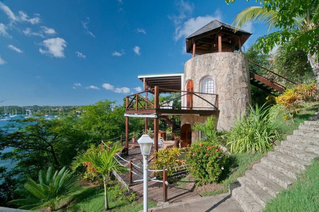 The Sugar Mill Tower on the private estate of L'Anse Auxpines House & Gardens. The Tower overlooks Prickly Bay, located in the South of Grenada.