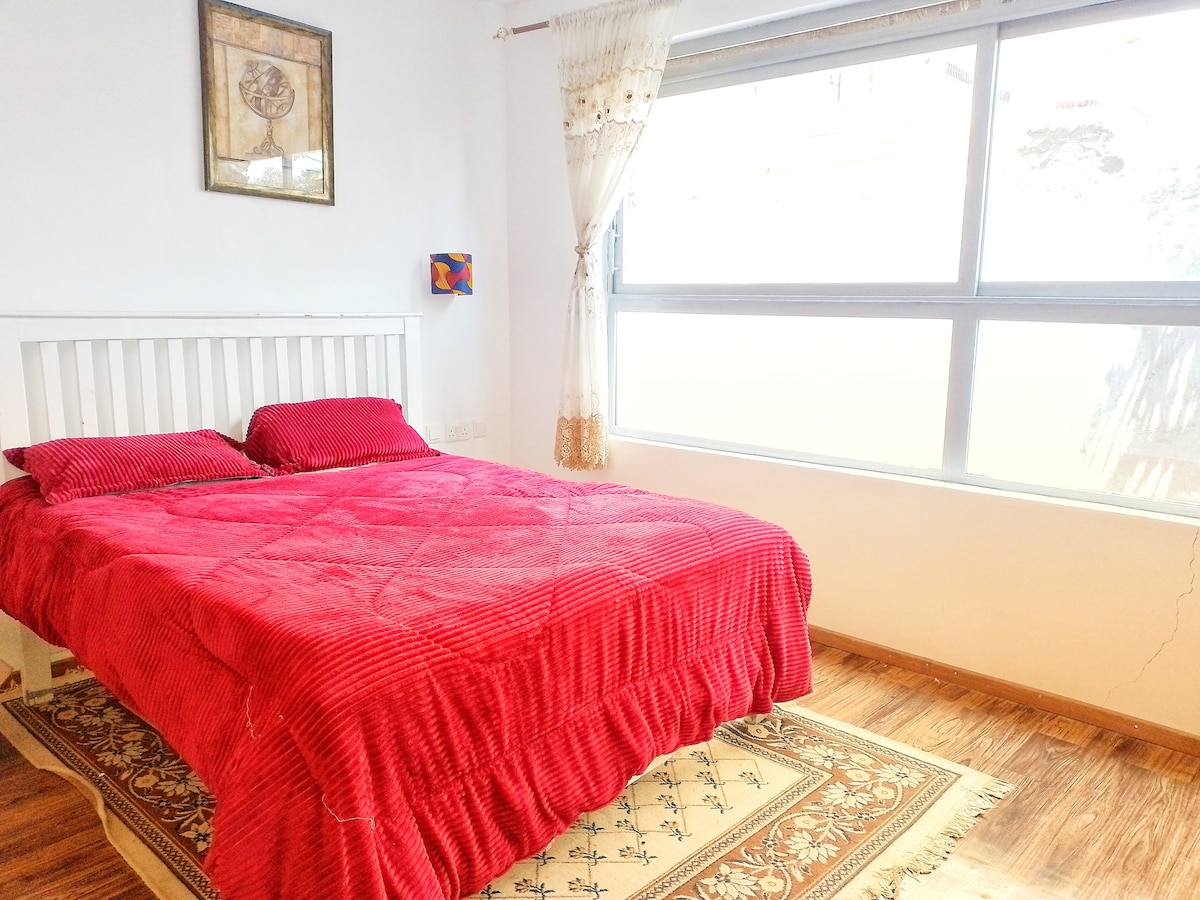 A bright sleeping area features a spacious bed adorned with a red striped blanket. Natural light enters through large windows, illuminating the room. A decorative rug lies on the wooden floor, complemented by simple wall art and sheer curtains.