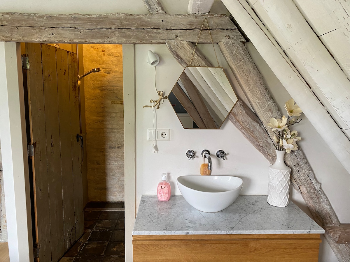 A bathroom area features a modern basin with a marble countertop and sleek faucet fittings. A wall-mounted mirror in a geometric shape hangs above the sink. A decorative vase with dried flowers adds a subtle accent, while rustic wooden beams frame the space.