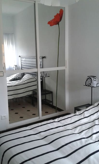 Grande garde robe encastrée avec grand miroir décoré d'un coquelicot...un grand lit avec nouveau sommier et matelas thérapeutique.